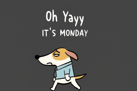 Sad cartoon dog walking to office wearing work clothes. Text above: 'Oh Yayyy' and 'IT'S MONDAY'. Simple, cute comic style.