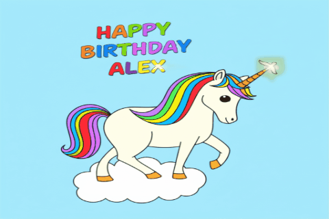 a rainbow unicorn wishing with text 'Happy Birthday Alex'