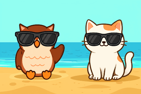 a cute owl and cat resting at the beach with sunglasses