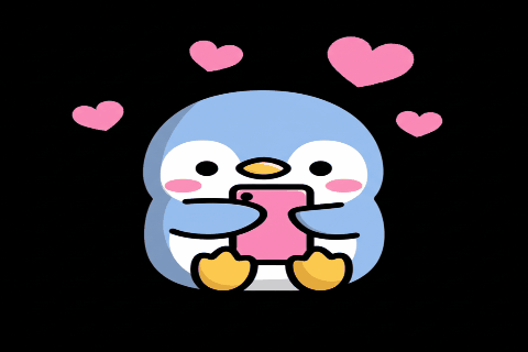 Chubby cartoon penguin tapping a pink phone, hearts floating up with each tap. Blushing, happy, soft pastel style.